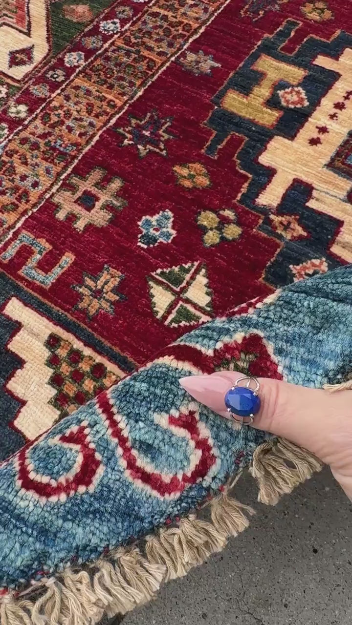 6x6 Round Handmade Round Afghan Wool Rug | Tribal Star Medallion | Red And Blue Area Rug