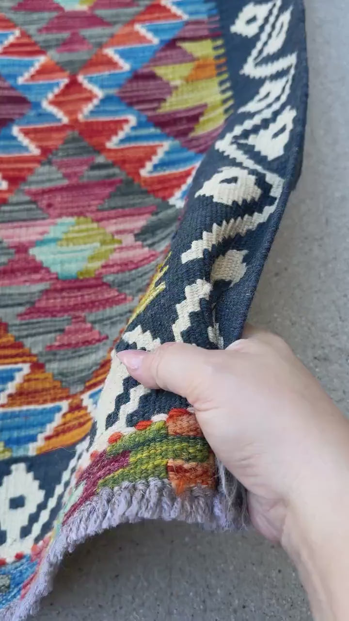 3x5 (91x152) Handmade Afghan Kilim Rug | Denim Blue Burnt Orange Maroon Charcoal Grey Olive Green Aqua Teal Red Cream White Midnight Blue