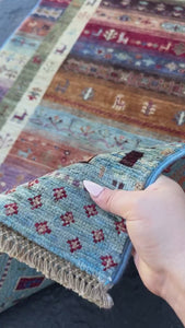 3x8 (90x245) Handmade Afghan Rug Runner | Sky Blue Lavender Chocolate Brown Brick Crimson Red Sage Green Ivory Caramel Ivory | Wool Gabbeh