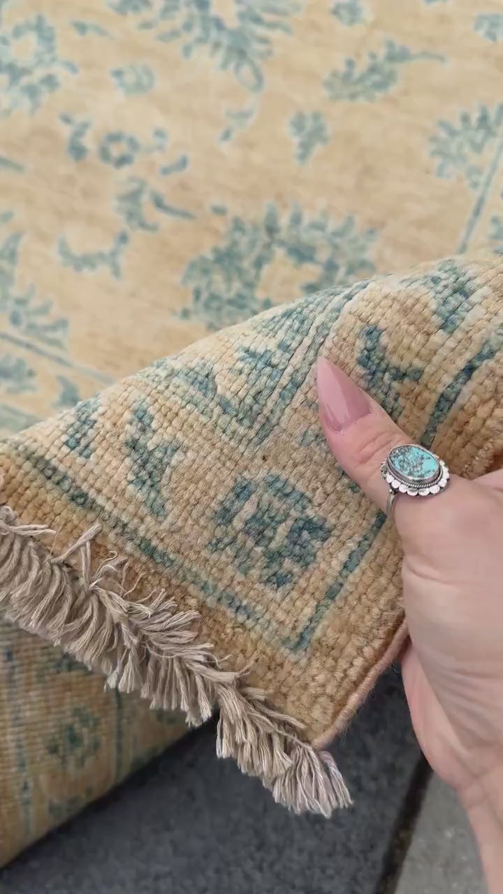 6x8 Handmade Afghan Wool Rug | Traditional Floral Border | Beige And Blue Area Rug