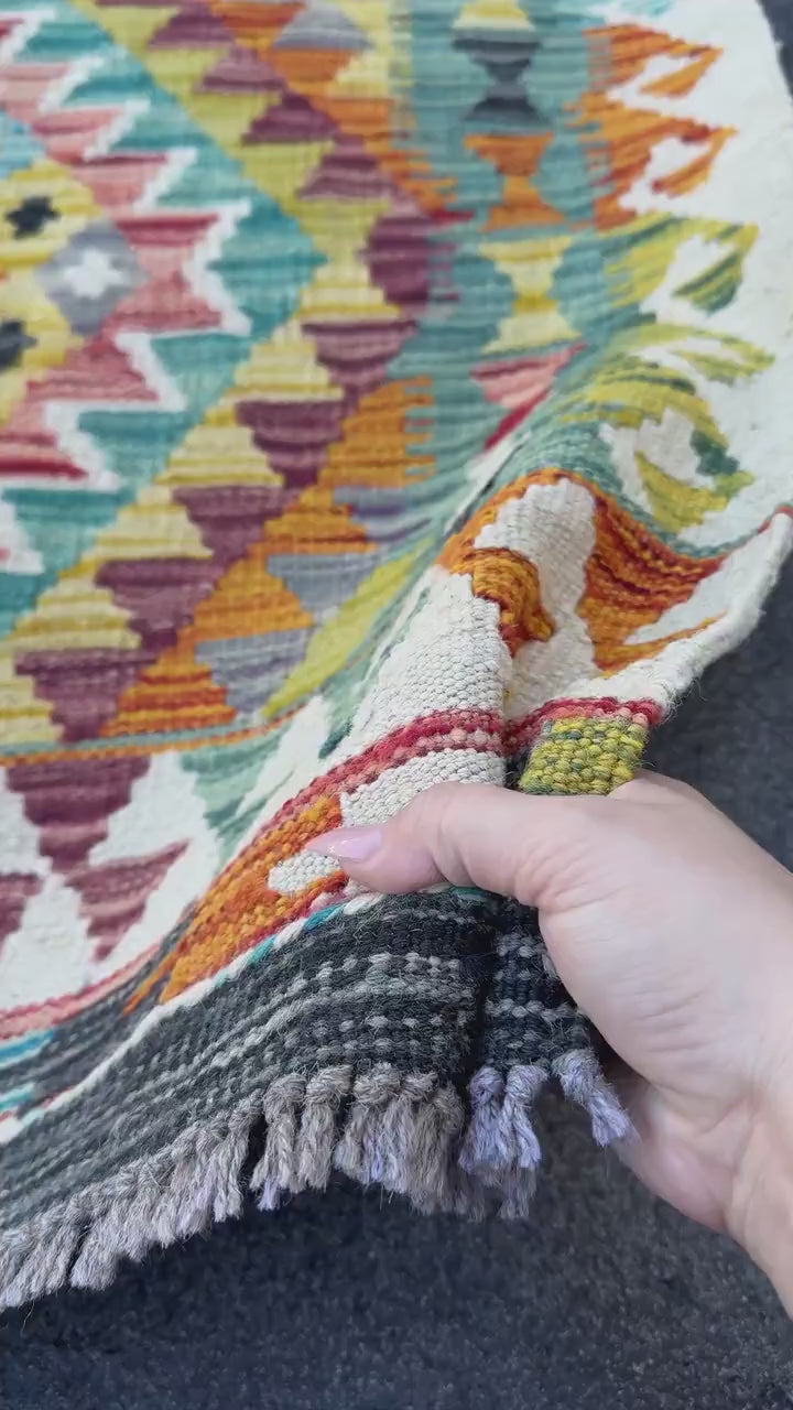 3x4 Handmade Afghan Kilim Rug | Teal Burnt Orange Mustard Yellow Cream White Olive Green Rust Red Aqua Blue Maroon Purple Grey | Flatwoven