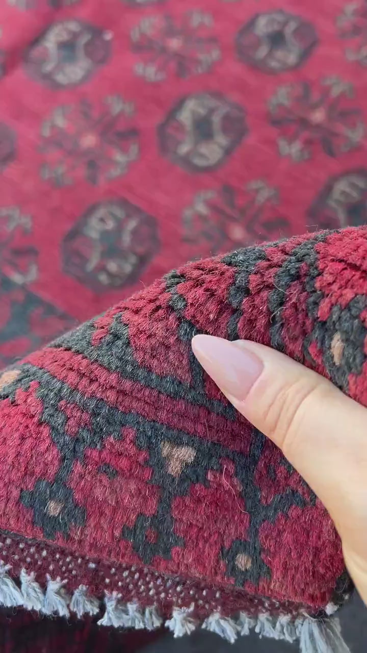 6x8 (180x245) Handmade Afghan Rug | Blood Red Black Beige  | Hand Knotted Floral Persian Turkish Oriental Bohemian Wool