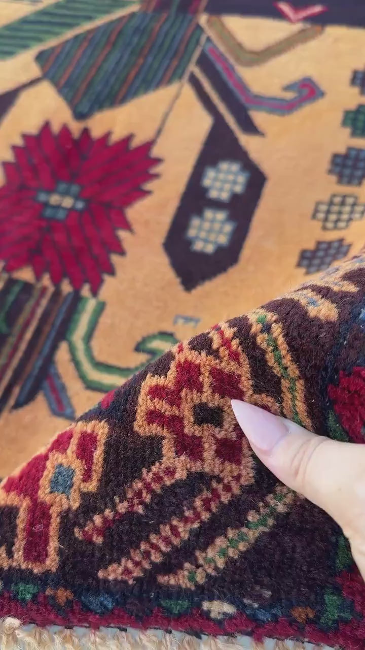 3x4-5 (91x140) Handmade Vintage Afghan Baluch Rug | Peach Saffron Orange Forest Green Cornsilk Midnight Denim Blue Crimson Red Caramel Brown