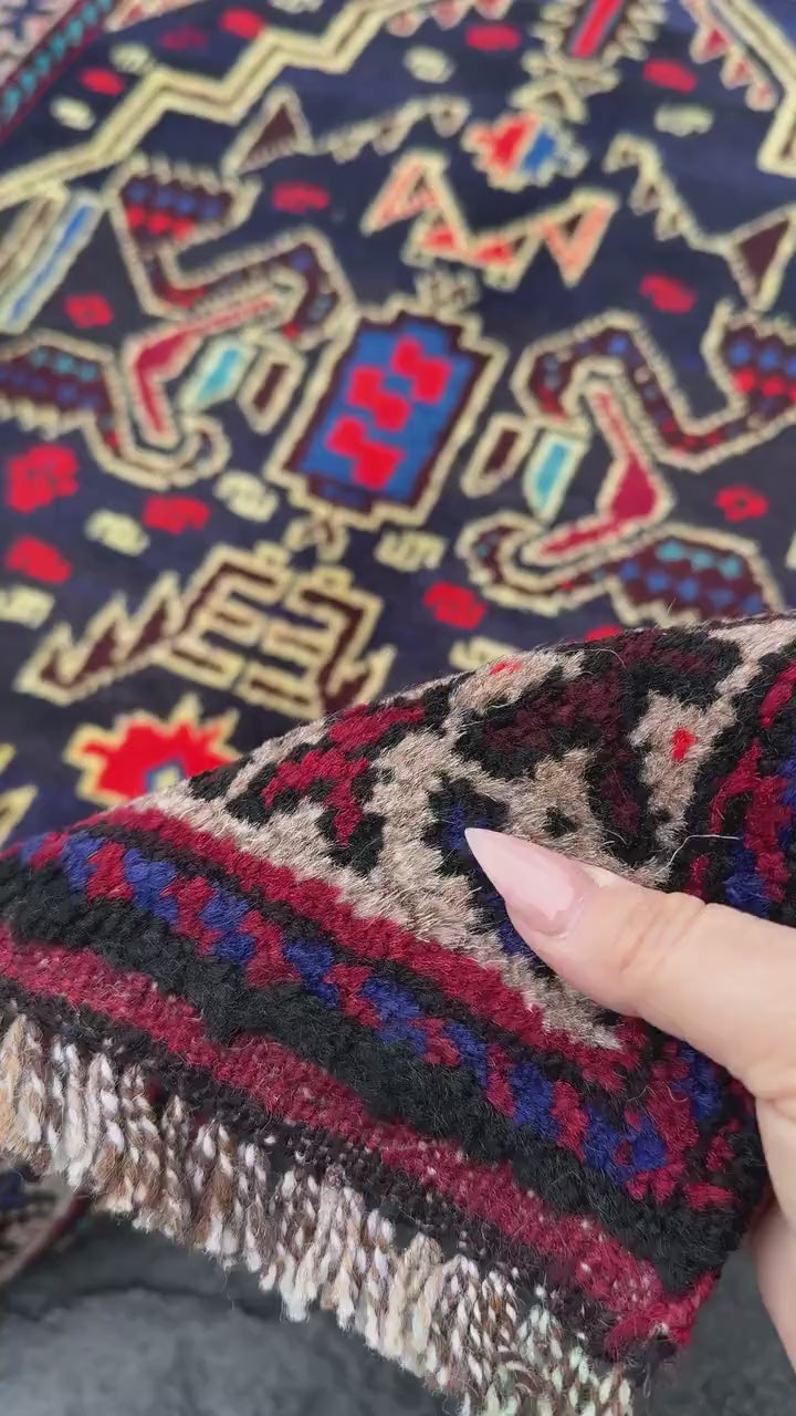 3x4 Handmade Vintage Afghan Baluch Rug | Midnight Navy Denim Aqua Blue Cornsilk Yellow Crimson Wine Blood Red Taupe Black Plum | Wool