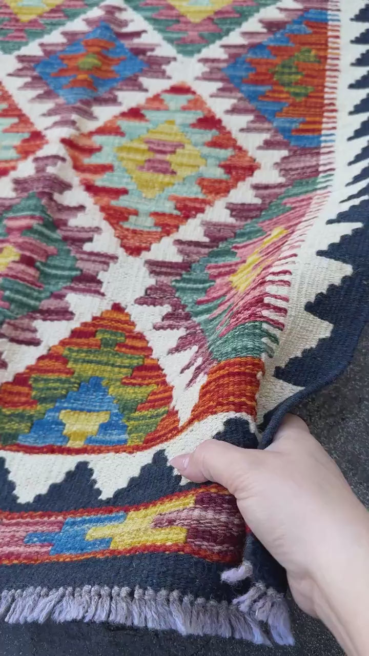 2x5 Handmade Afghan Kilim Runner Rug | Cream Navy Midnight Denim Teal Sky Blue Auburn Burgundy Brick Red Orange Moss Green Yellow Purple