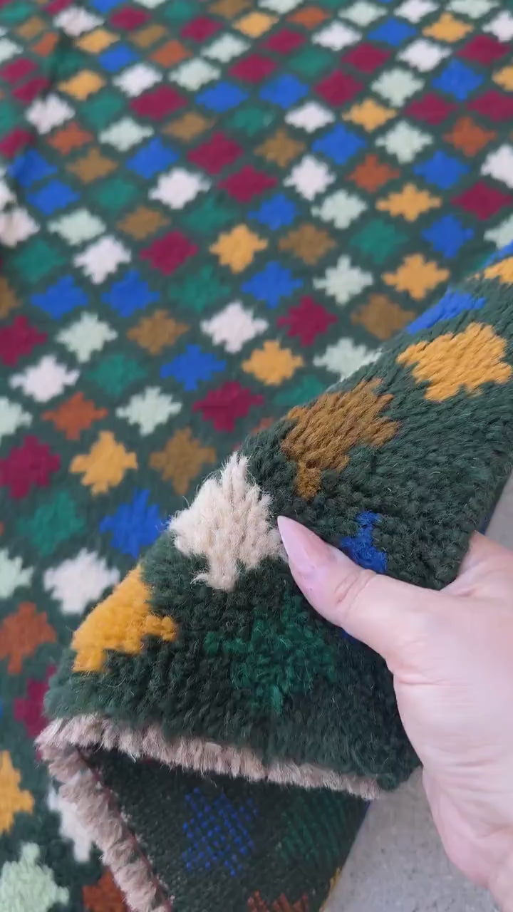 4x6 Handmade Vintage Afghan Baluch Rug | Forest Pine Mint Olive Green Mustard Yellow Gold White Navy Blue Brick Red | Wool Flatwoven