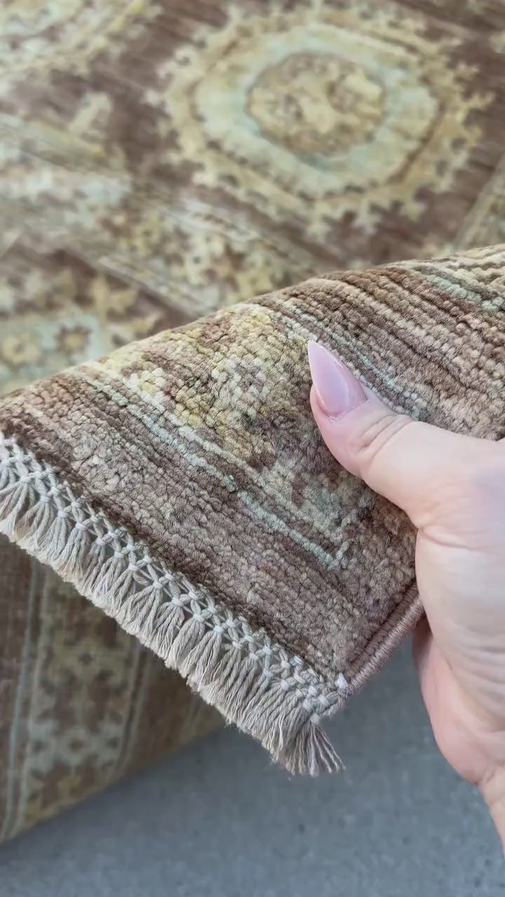 9x15 (274x457) Handmade Afghan Rug | Tan Brown Sand Chocolate Rust Auburn Red Powder Blue Cream | Wool Hand Knotted Geometric Persian Gul