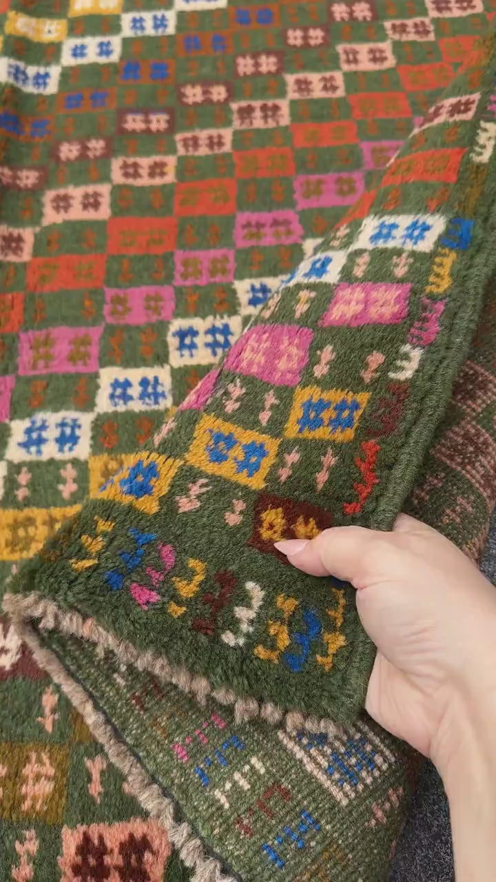 4x6 Handmade Green and Multicolor Wool Rug | Vintage Afghan Baluch Small Area Carpet