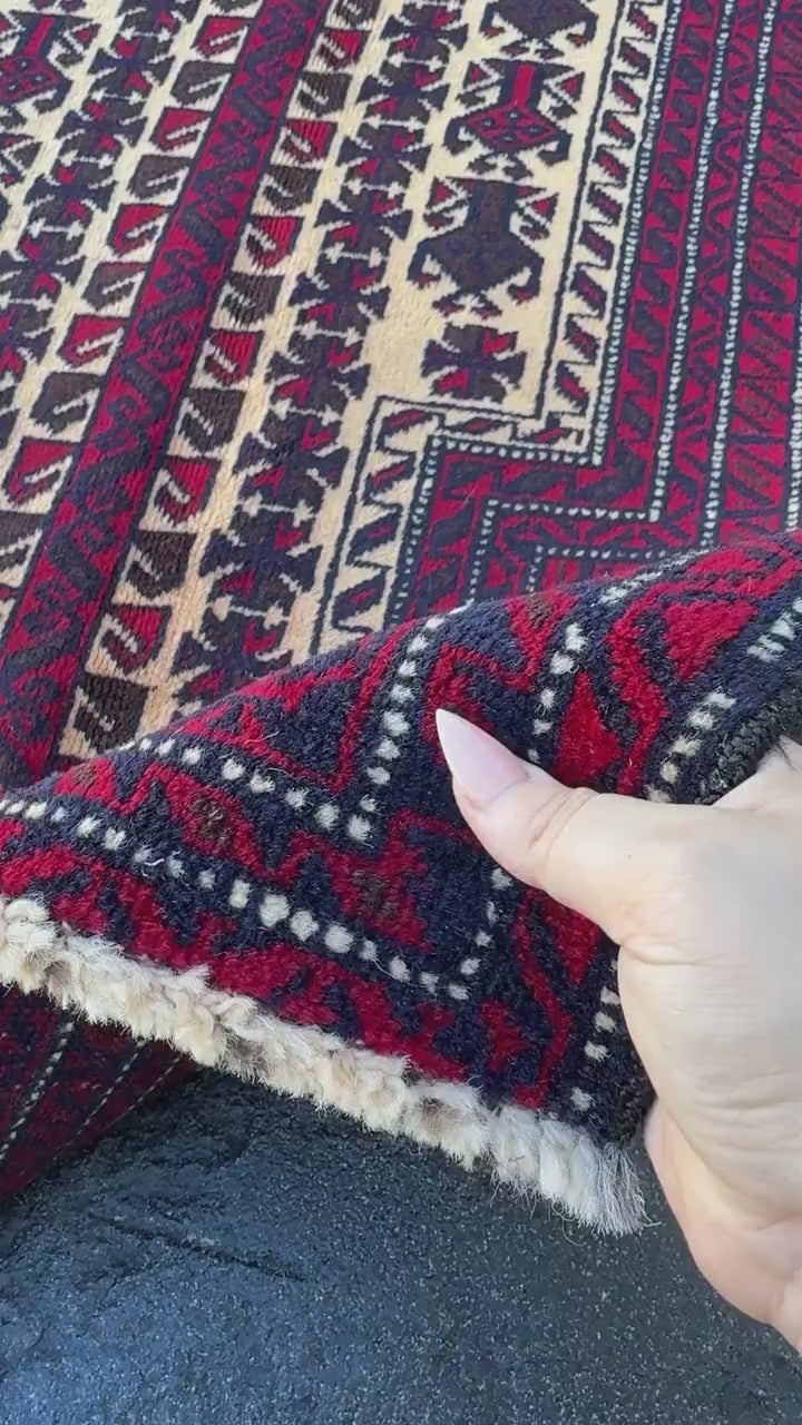 3x4 (91x121) Handmade Vintage Afghan Baluch Rug | Blood Red Auburn Black Chocolate Brown Cream White Ivory Midnight Blue | Wool Geometric