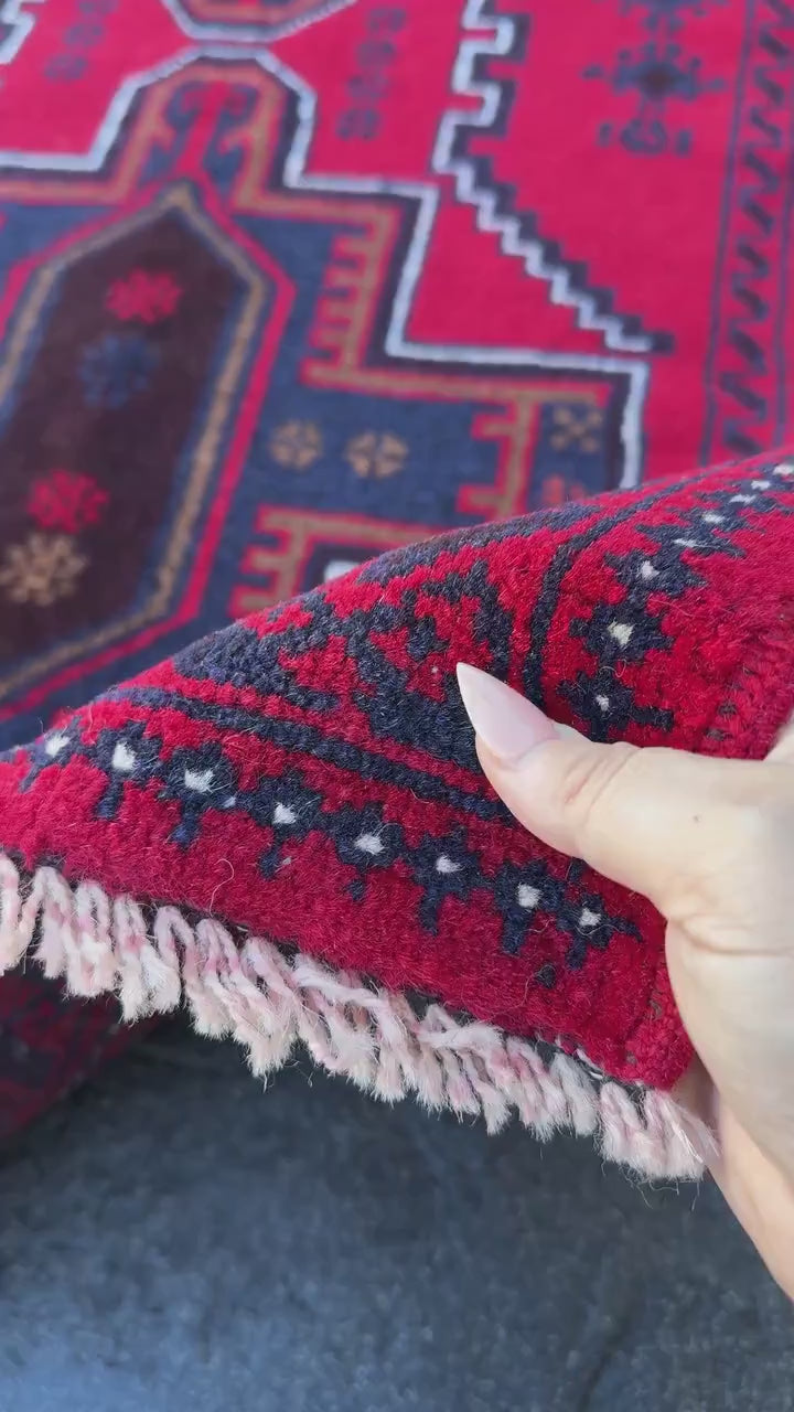 3x4 (91x121) Handmade Vintage Afghan Baluch Rug | Crimson Auburn Wine Red Midnight Navy Blue Coffee Brown Black White Ivory Cream | Wool