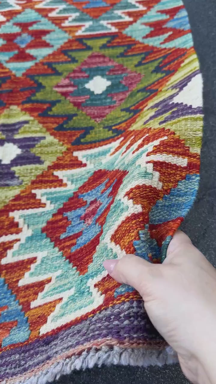 2x5 Handmade Afghan Kilim Runner Rug | Teal Aqua Burnt Orange Rust Red Purple Denim Blue Olive Lime Green Cream White