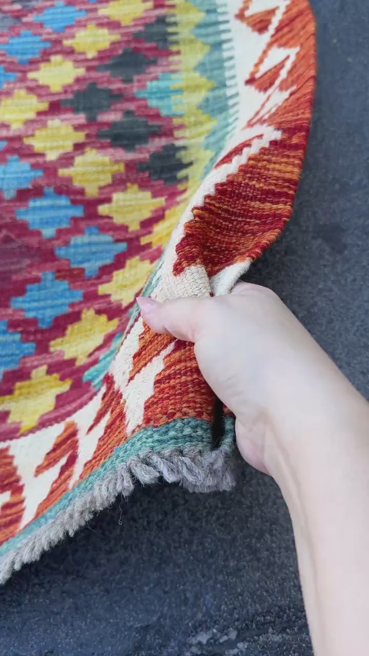 3x4 Handmade Afghan Kilim Rug | Burgundy Red Rust Burnt Orange Mustard Yellow Teal Aqua Blue Cream White Navy Olive Green Black | Flatwoven