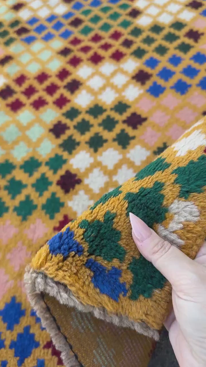 4x6 Handmade Vintage Afghan Baluch Rug | Mustard Yellow Gold Navy Blue Mint Forest Green Brick Red Salmon Pink Peach Maroon White | Wool
