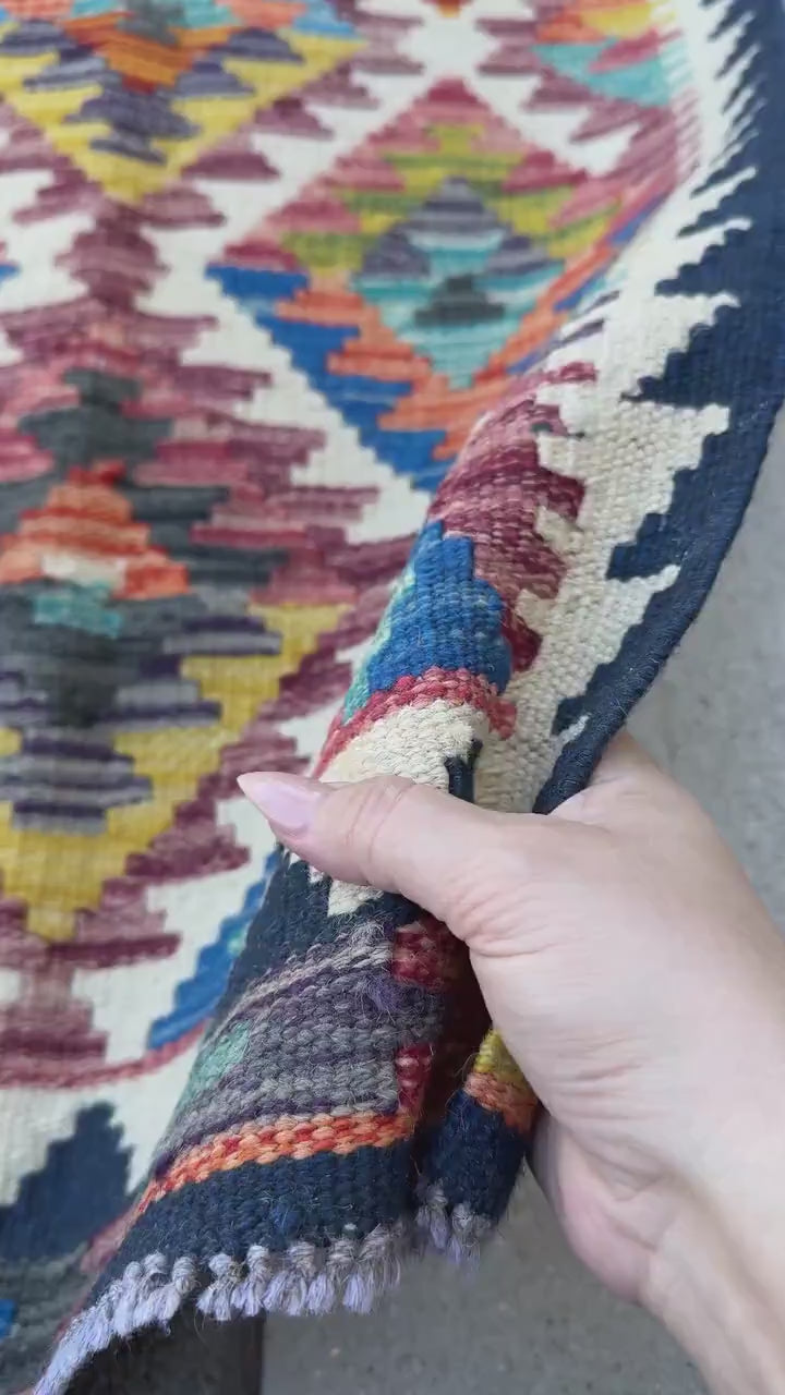 2x5 Handmade Afghan Kilim Runner Rug | Cream White Blood Red Charcoal Grey Black Burnt Orange Aqua Teal Mustard Yellow Indigo Denim Blue