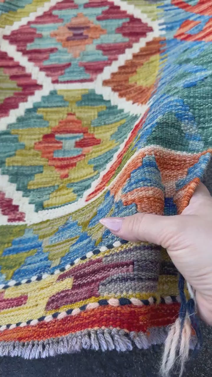 3x4 (91x121) Handmade Afghan Kilim Rug | Teal Olive Green Scarlet Maroon Red Rust Burnt Orange Aqua Sky Blue Purple White Grey | Flatwoven