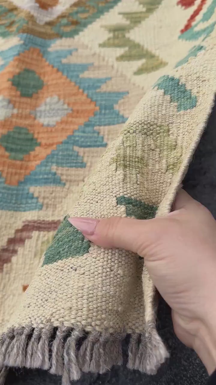 2x6 Handmade Afghan Kilim Runner Rug | Sand Cream Tan Chocolate Coffee Brown Teal Turquoise Denim Blue Emerald Lime Green Orange Grey Taupe