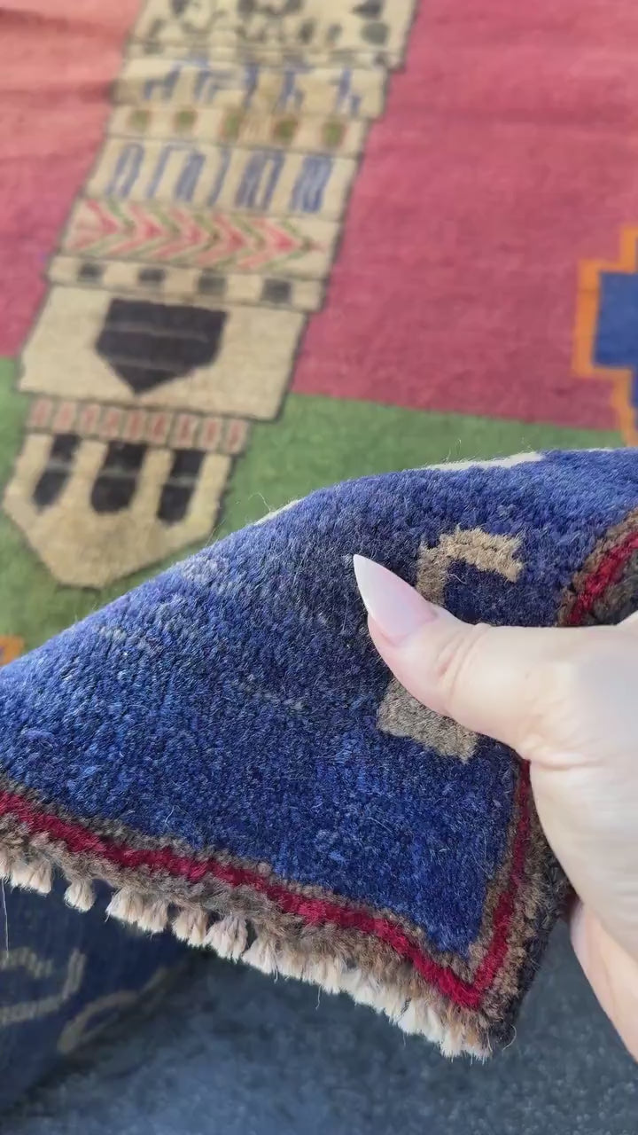 3x5 (91x152) Handmade Vintage Afghan Baluch Rug | Navy Blue Moss Green Tan Beige Orange Cream Brick Red Black | Wool Traditional Pictorial