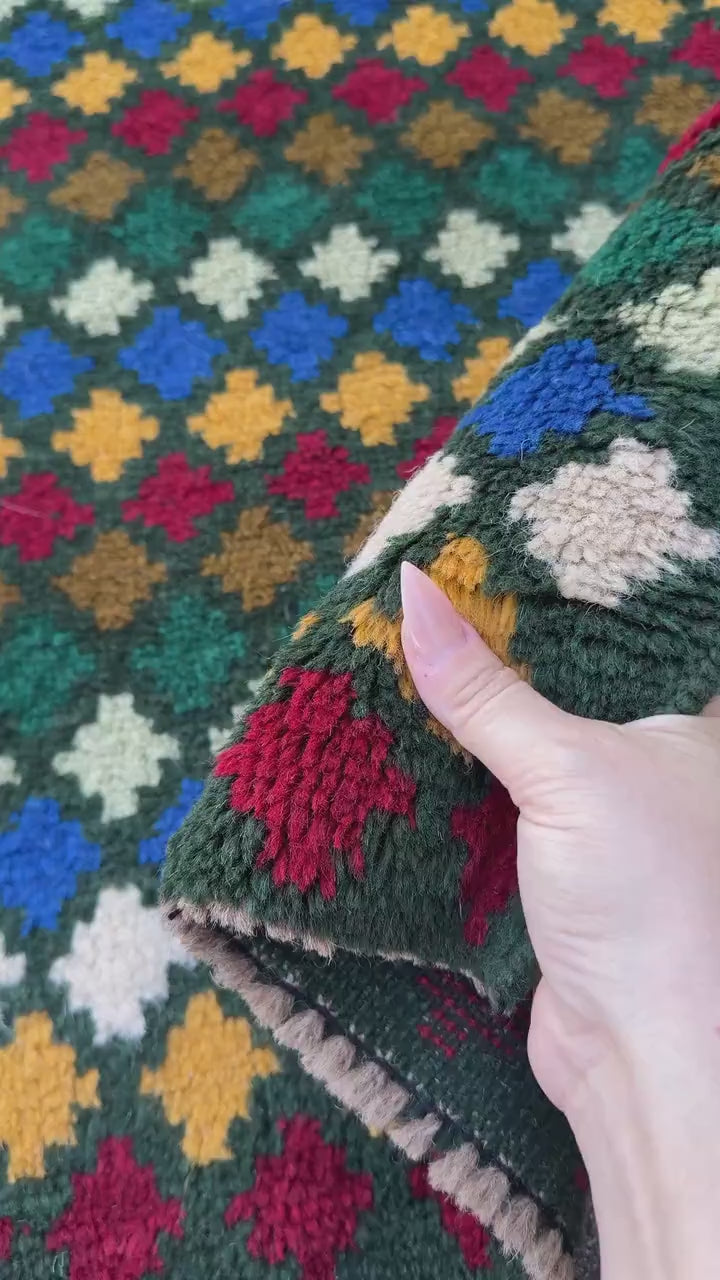 4x6 Handmade Vintage Afghan Baluch Rug | Pine Forest Mint Olive Green Brick Red Mustard Gold Yellow Navy Blue White | Wool Flatwoven