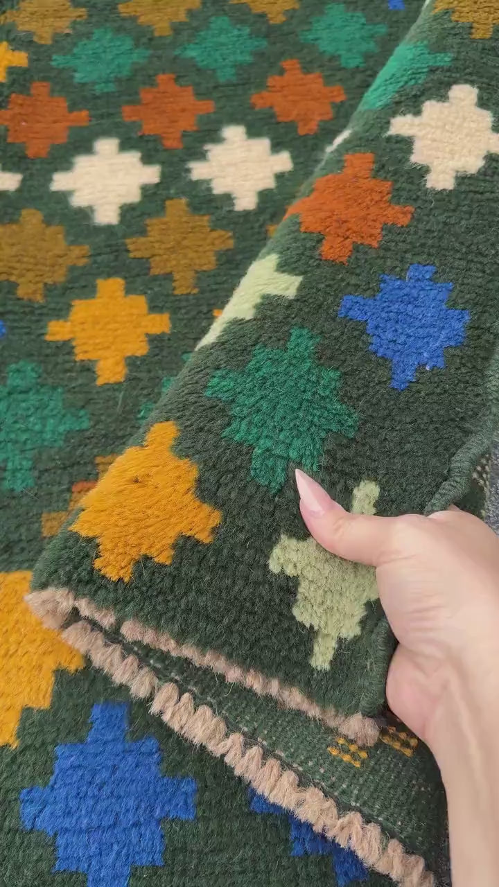 4x6 Handmade Vintage Afghan Baluch Rug | Forest Green Mustard Yellow Cream White Rust Red Burnt Orange Olive Green Teal Aqua Blue | Wool