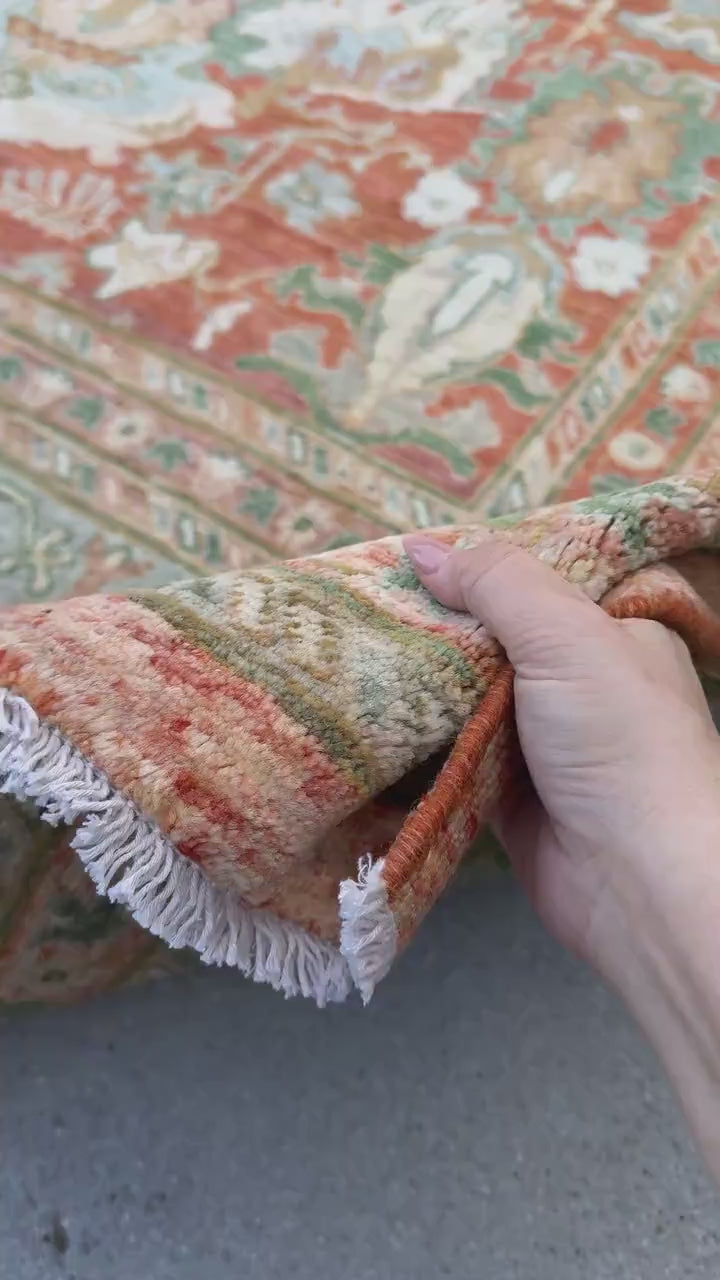 10x14 Handmade Afghan Wool Rug | Rust and Sage Oushak Style Area Rug | Hand-Knotted Traditional Carpet | Classic Living Room Decor