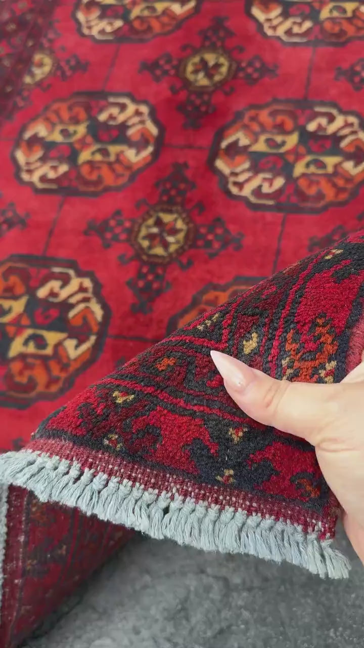 3x4 (91x121) Handmade Vintage Afghan Rug | Crimson Brick Auburn Red Cream Orange Yellow Black | Wool Turkmen Gul Geometric