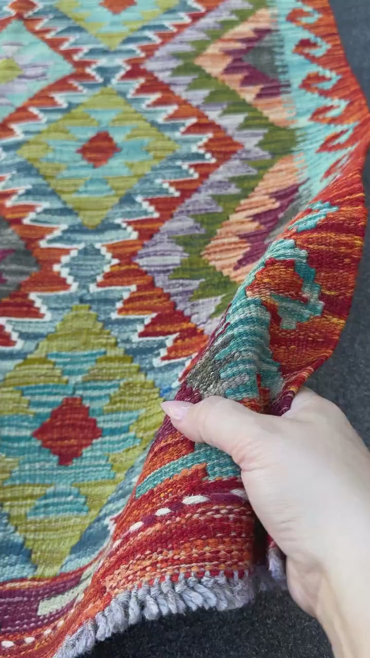 3x4 Handmade Afghan Kilim Rug | Rust Red Burnt Orange Mustard Yellow Olive Green Teal Aqua Blue Purple Grey Cream White | Wool Flatwoven