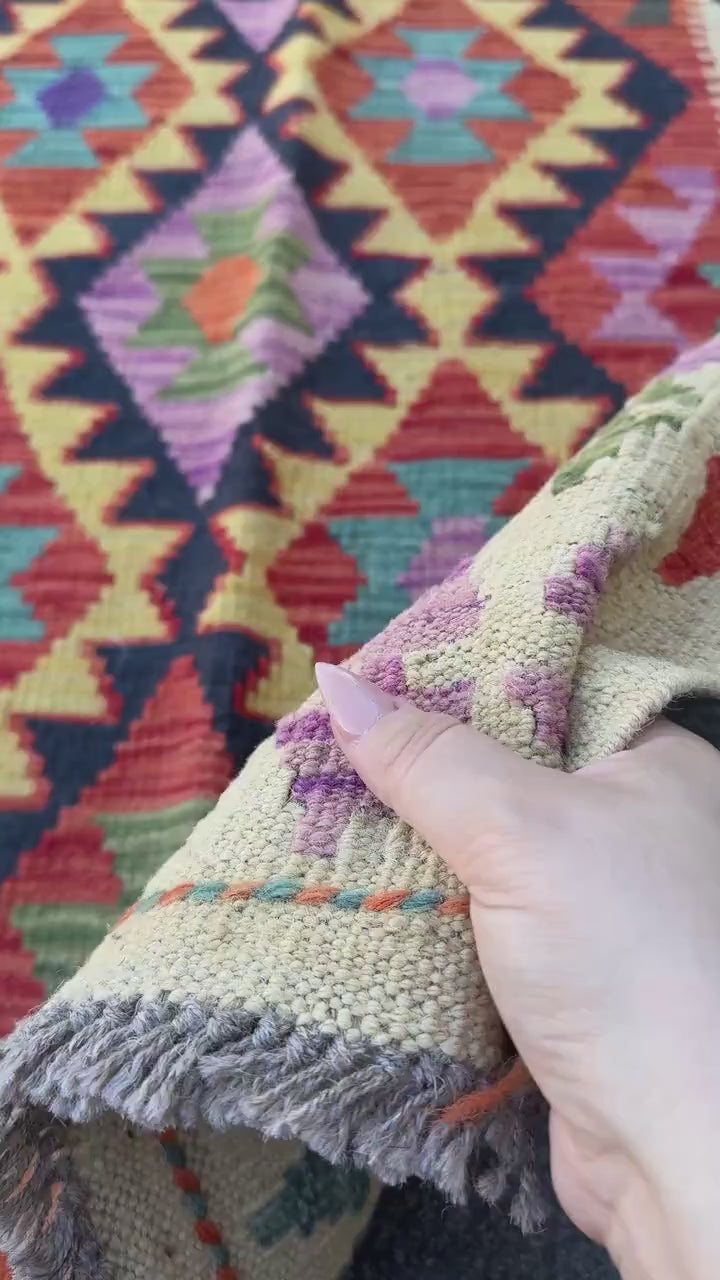 3x7 Handmade Afghan Kilim Runner Rug | Cream Rose Red Lilac Purple Forest Pine Green Denim Midnight Navy Aqua Blue Yellow Orange | Wool