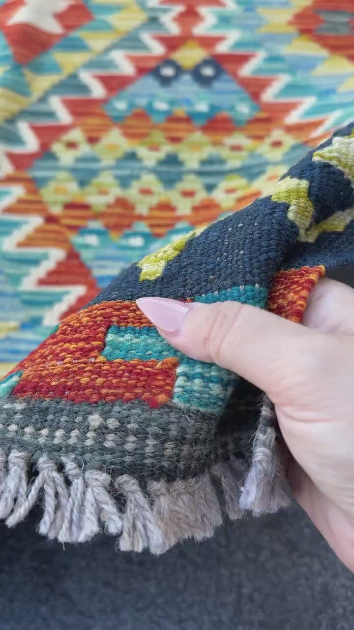 3x4 Handmade Afghan Kilim Rug | Navy Blue Rust Red Burnt Orange Cream White Mustard Yellow Olive Green Teal Aqua Grey | Wool Flatwoven