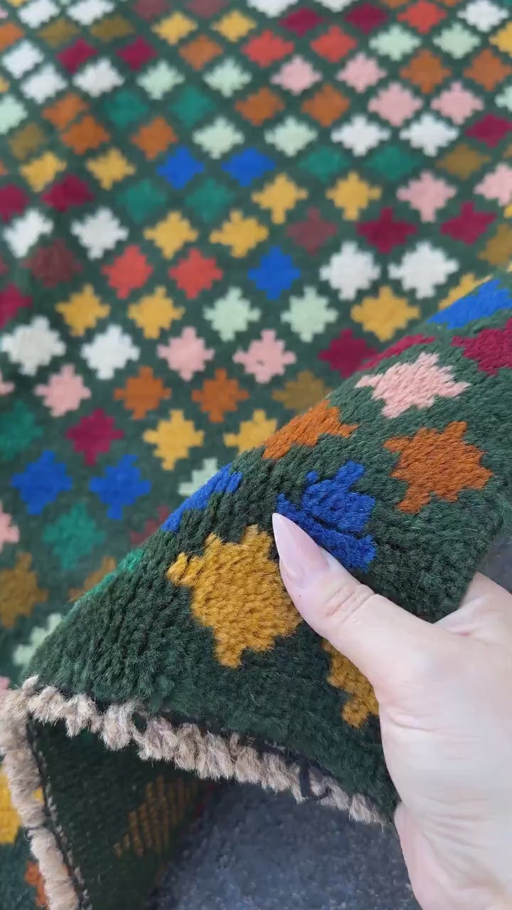 3x10 Handmade Vintage Afghan Baluch Runner Rug | Forest Pine Mint Olive White Navy Blue Burnt Orange Mustard Gold Chocolate Peach Brick Red