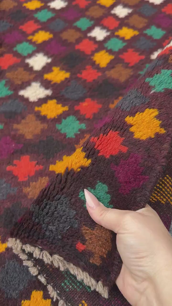 4x6 Handmade Vintage Afghan Baluch Rug | Chocolate Brown Rust Red Burnt Orange Mustard Yellow Cream White Olive Green Teal Purple | Wool