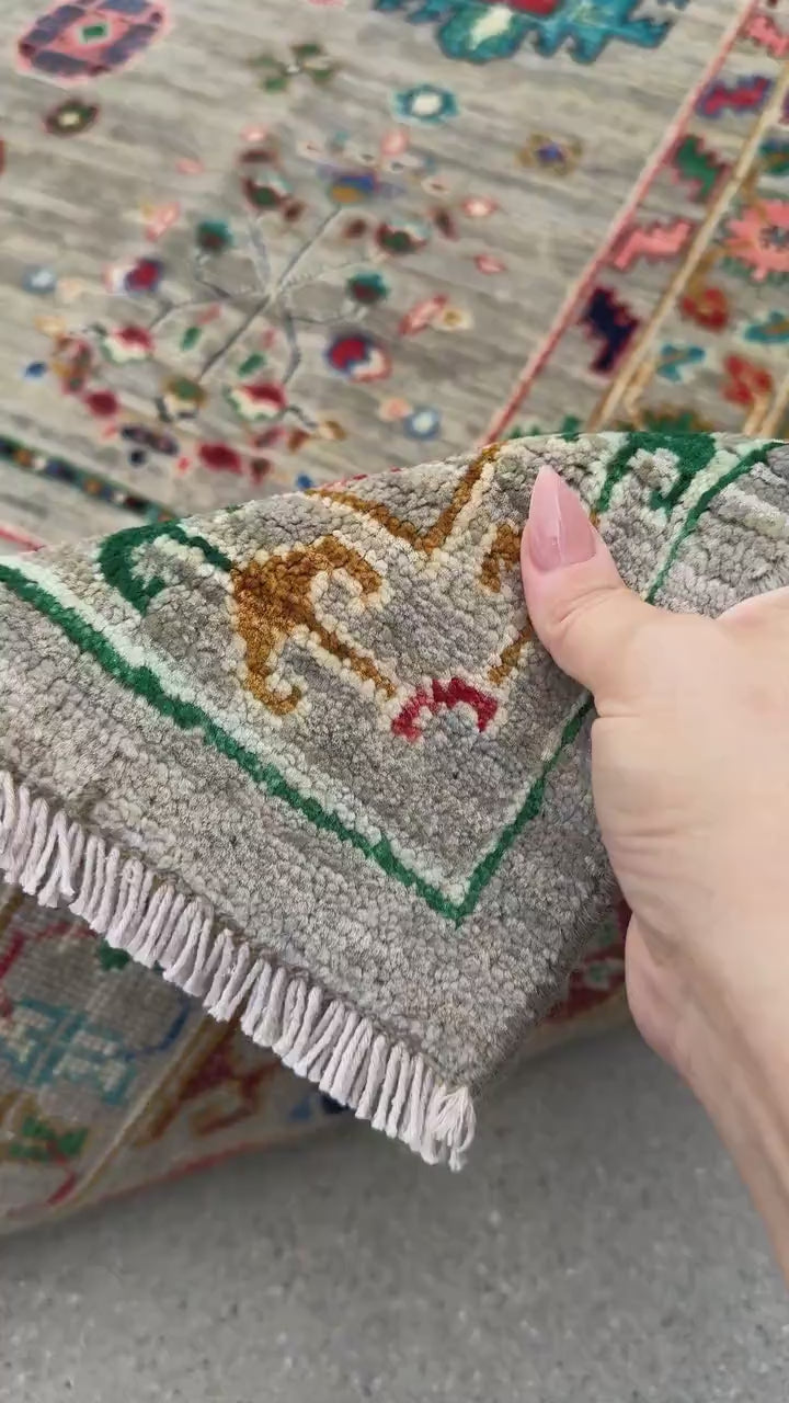 9x12 Handmade Afghan Wool Rug | Gray and Multicolor Tribal Area Rug | Hand-Knotted Nomadic Carpet | Eclectic Living Room Decor