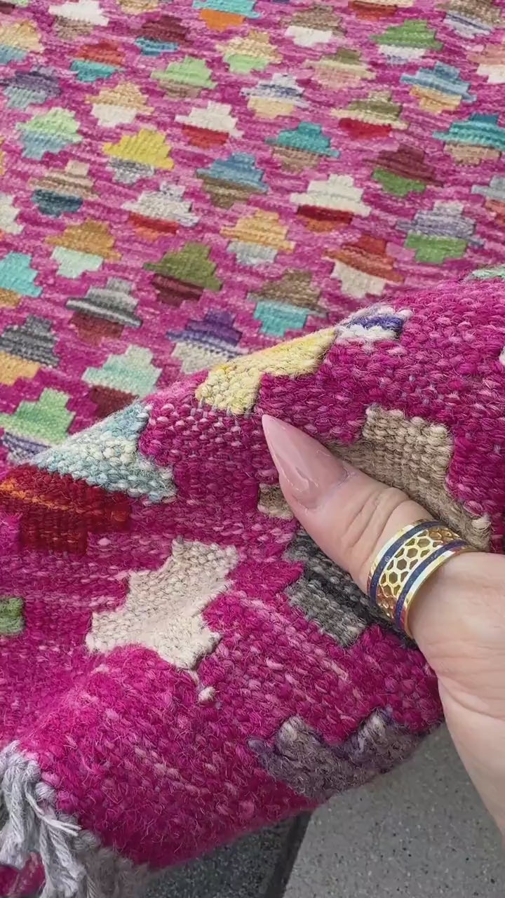 6x8 (182x243) Handmade Afghan Kilim Rug | Fuchsia Salmon Blush Pink Denim Navy Midnight Blue Yellow Moss Forest Green Teal White Cream Red