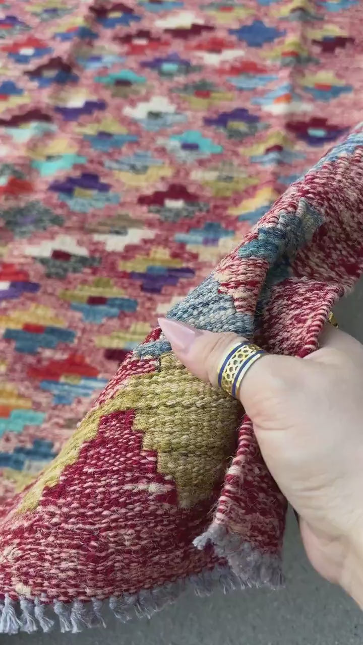 3x7 (91x1213) Handmade Afghan Kilim Rug | Rose Salmon Blush Pink Brick Wine Garnet Red Orange Denim Aqua Blue Olive Green Grey Yellow Cream