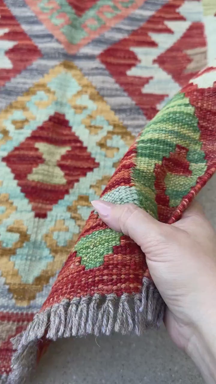 2x3 Handmade Afghan Kilim Rug | Blood Crimson Red Aqua Powder Baby Blue Grey Saffron Yellow Gold Cream Taupe Chocolate Brown Forest Green