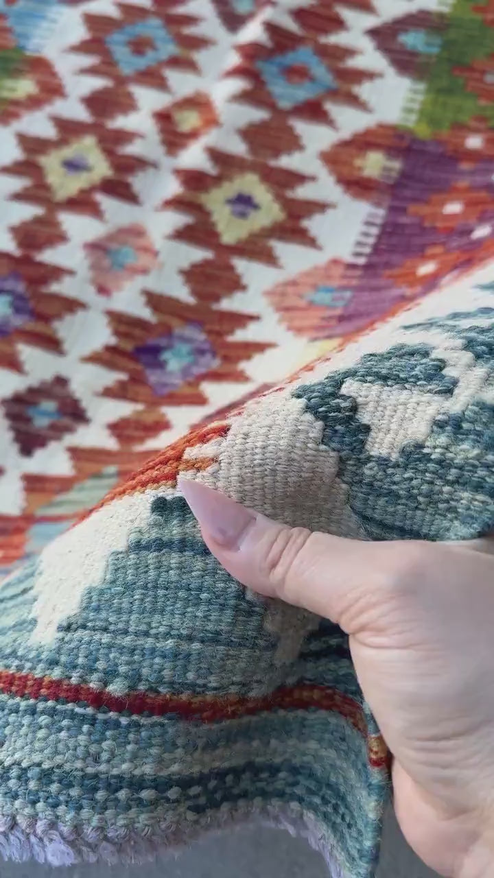 3x4 (91x121) Handmade Afghan Kilim Rug | Cream Orange Forest Green Burgundy Maroon Brick Red Purple Yellow Denim Aqua Prussian Blue Pink