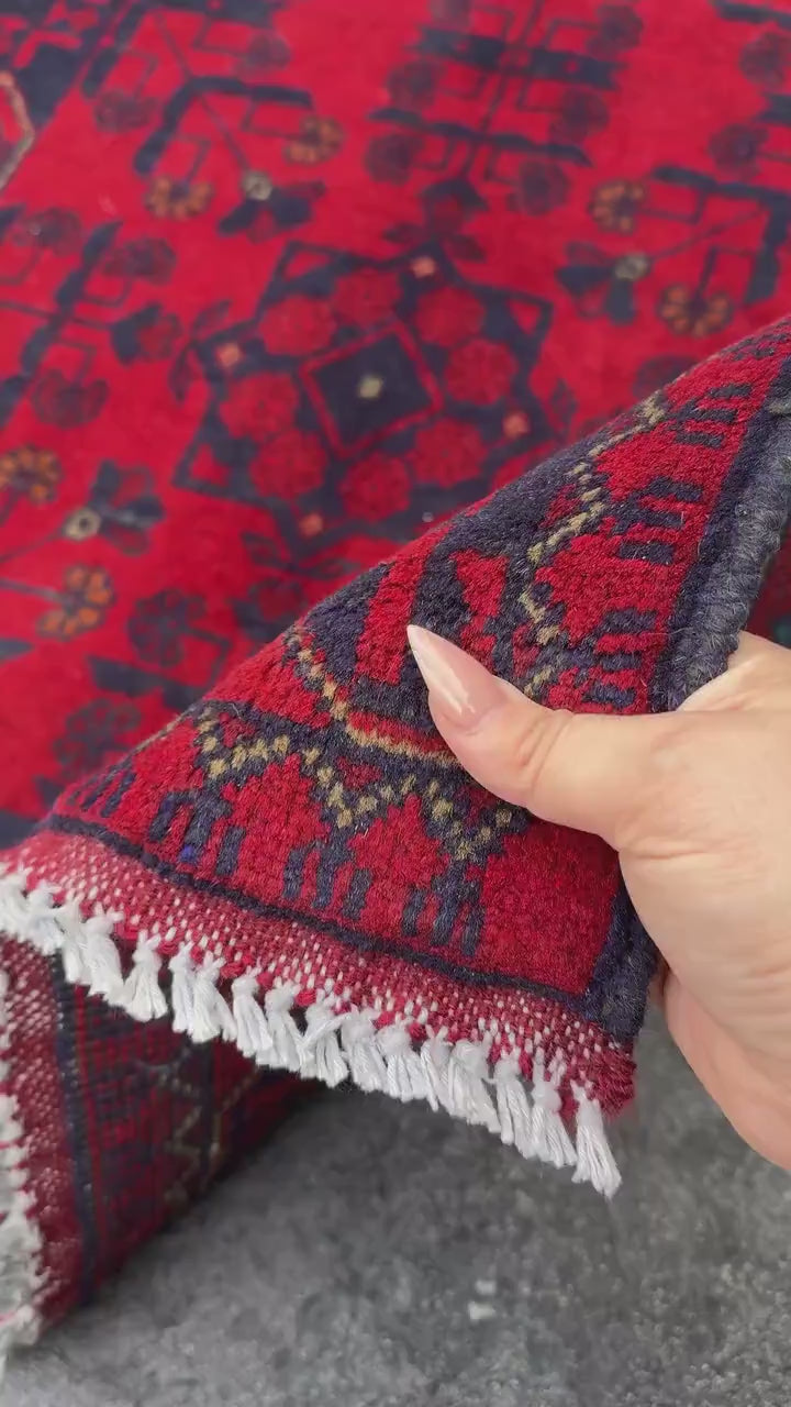 3x4 (91x121) Handmade Afghan Rug | Crimson Scarlet Blood Red Midnight Denim Aqua Blue Orange Cream | Wool Khal Mohammadi Floral