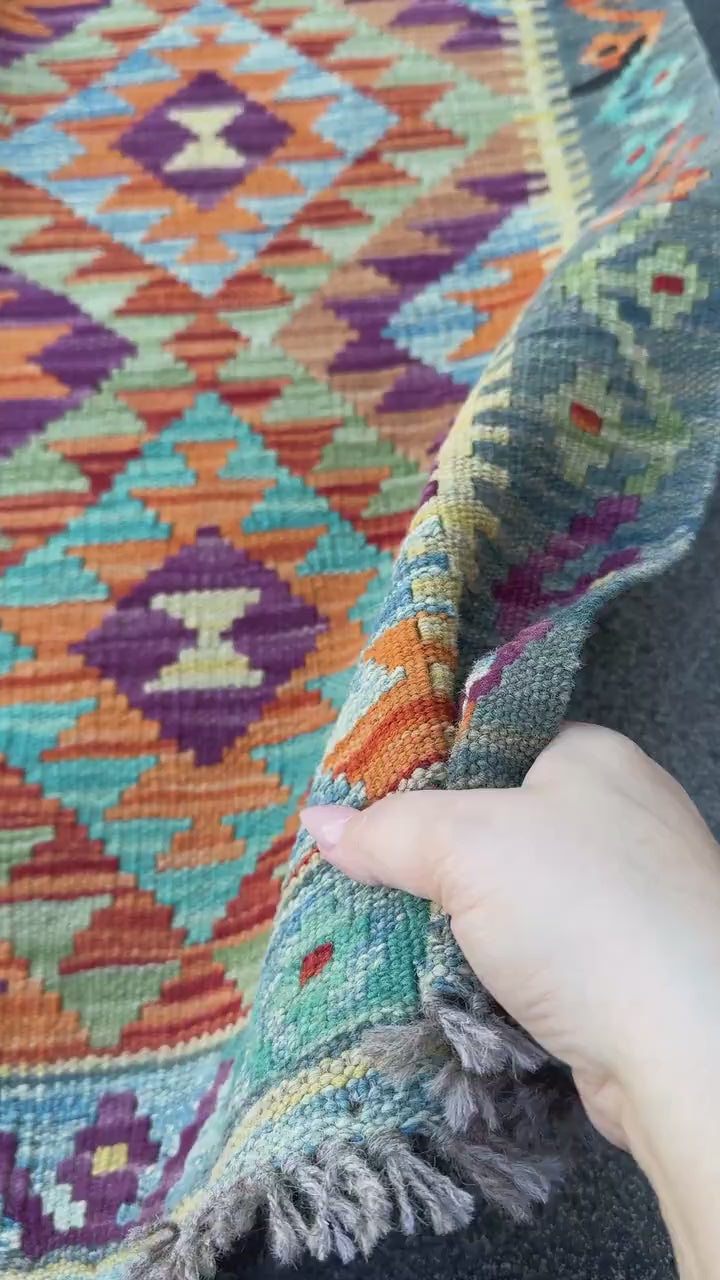3x7 (100x200) Handmade Afghan Kilim Runner Rug | Burnt Orange Eggplant Purple Olive Moss Pine Green Denim Blue Teal Cream | Wool Turkish