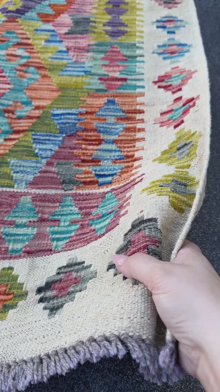 3x4 Handmade Afghan Kilim Rug | Cream White Grey Teal Aqua Blue Rust Red Burnt Orange Mustard Yellow Olive Green Purple | Wool Flatwoven