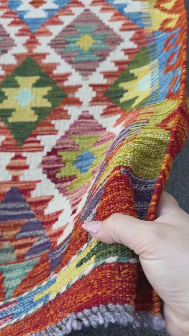 3x5 (91x152) Handmade Afghan Kilim Rug | Rust Red Burnt Orange Cream White Mustard Yellow Olive Green Teal Aqua Blue Navy Purple Grey | Wool