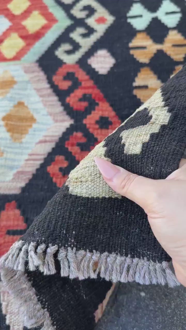 3x5 Handmade Afghan Kilim Rug | Black Crimson Red Powder Baby Blue Orange Mustard Gold Yellow Peach Saffron Sage Green | Wool Flatweave
