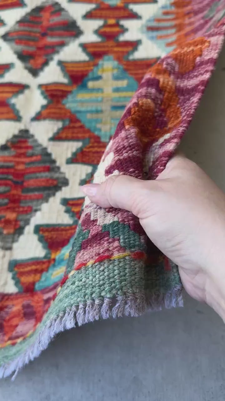2x3 Handmade Afghan Kilim Rug | Burnt Orange Rust Red Teal Aqua Charcoal Grey Cream White Beige Tan Olive Green Denim Blue | Wool Flatwoven