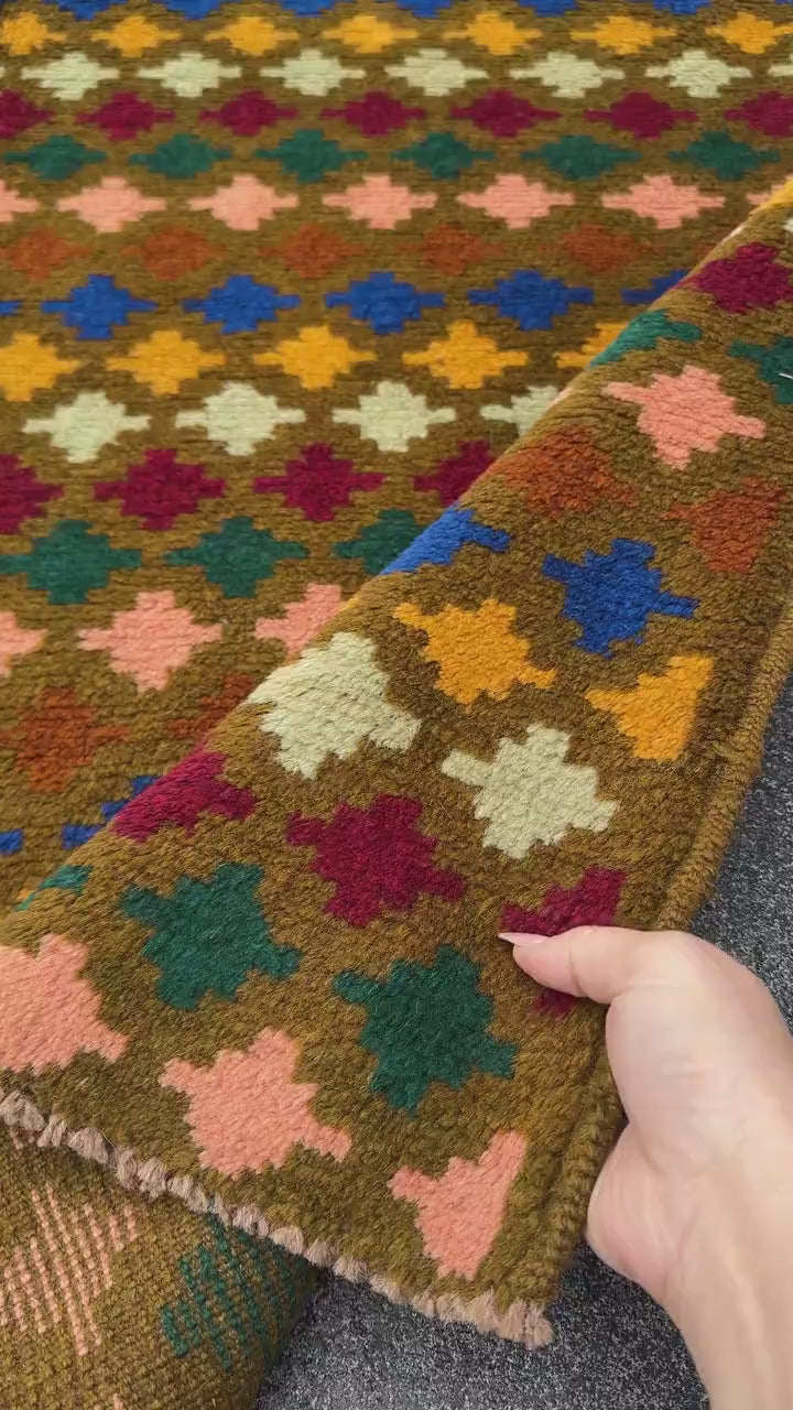 4x6 Handmade Vintage Afghan Baluch Rug | Copper Brown Mustard Yellow Rust Red Cream Peach Forest Mint Green Navy Blue Burnt Orange | Wool