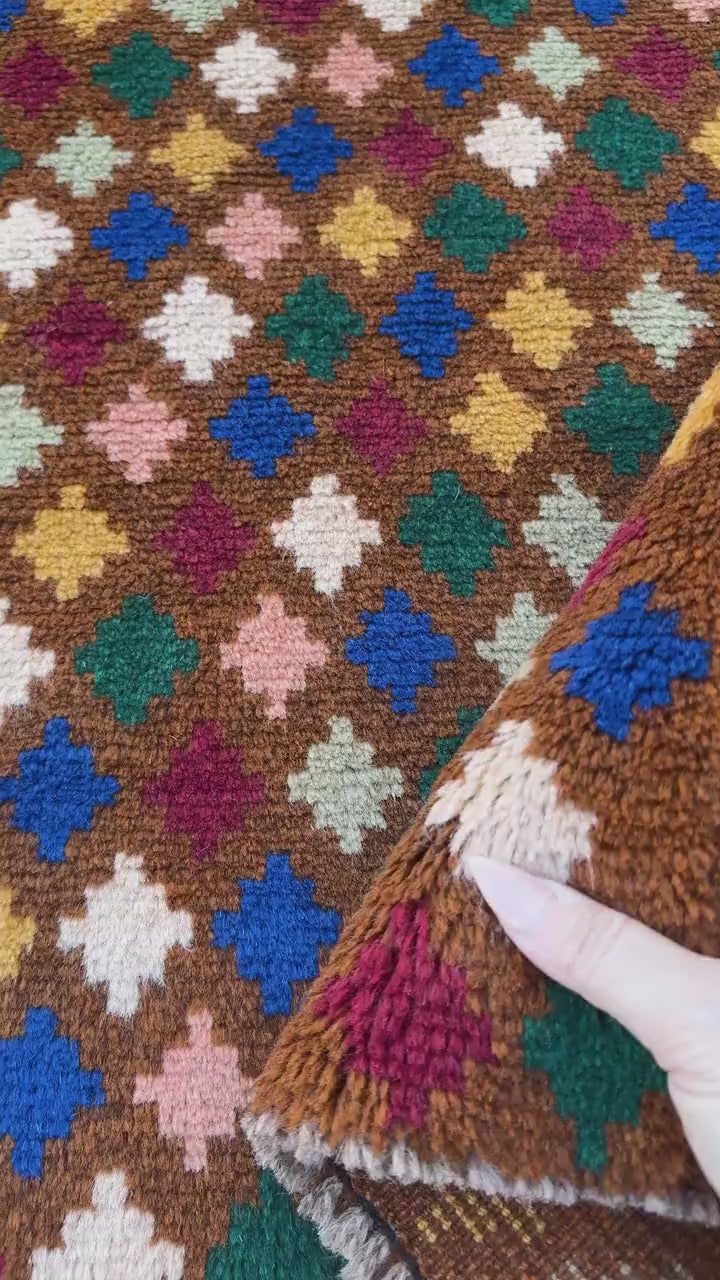 4x6 Handmade Vintage Afghan Baluch Rug | Chocolate Brown Pine Mint Green Navy Blue White Salmon Pink Peach Mustard Gold Brick Red | Wool