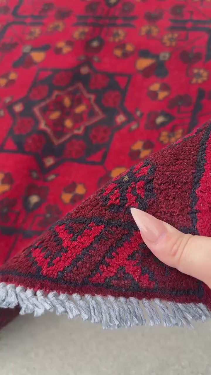 2-3x4 (91x121) Handmade Afghan Rug | Crimson Scarlet Blood Red Midnight Blue Black Cream Orange | Wool Khal Mohammadi Traditional