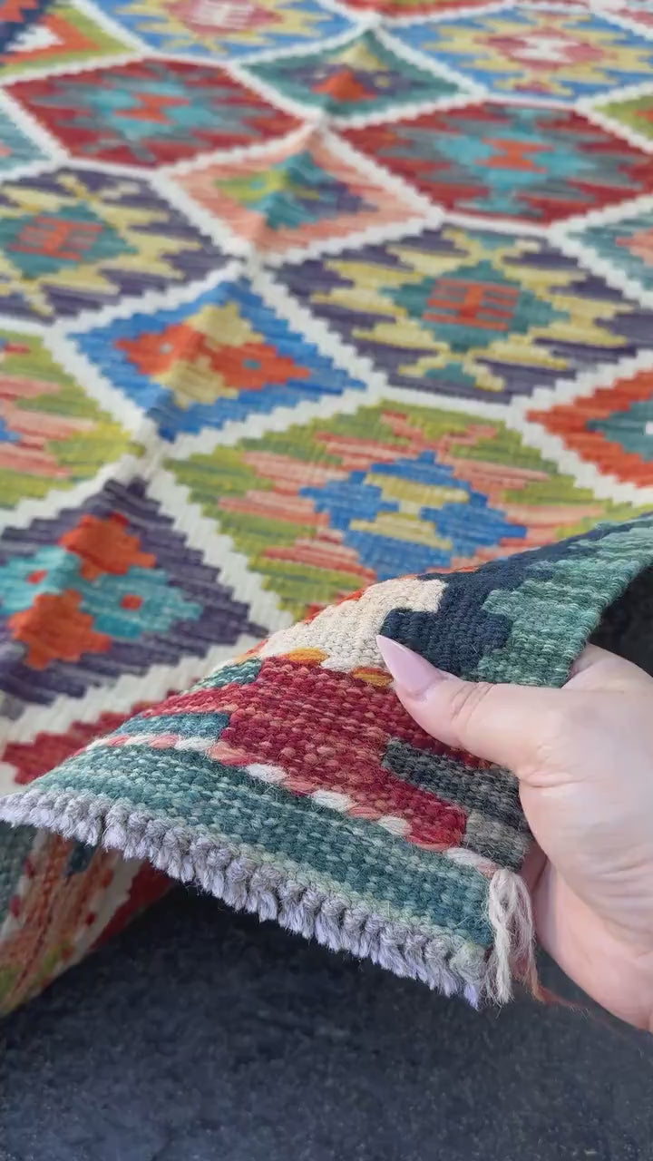 3x4 Handmade Afghan Kilim Rug | Cream Mustard Yellow Crimson Red Orange Peach Coral Purple Navy Midnight Aqua Teal Royal Blue Olive Green