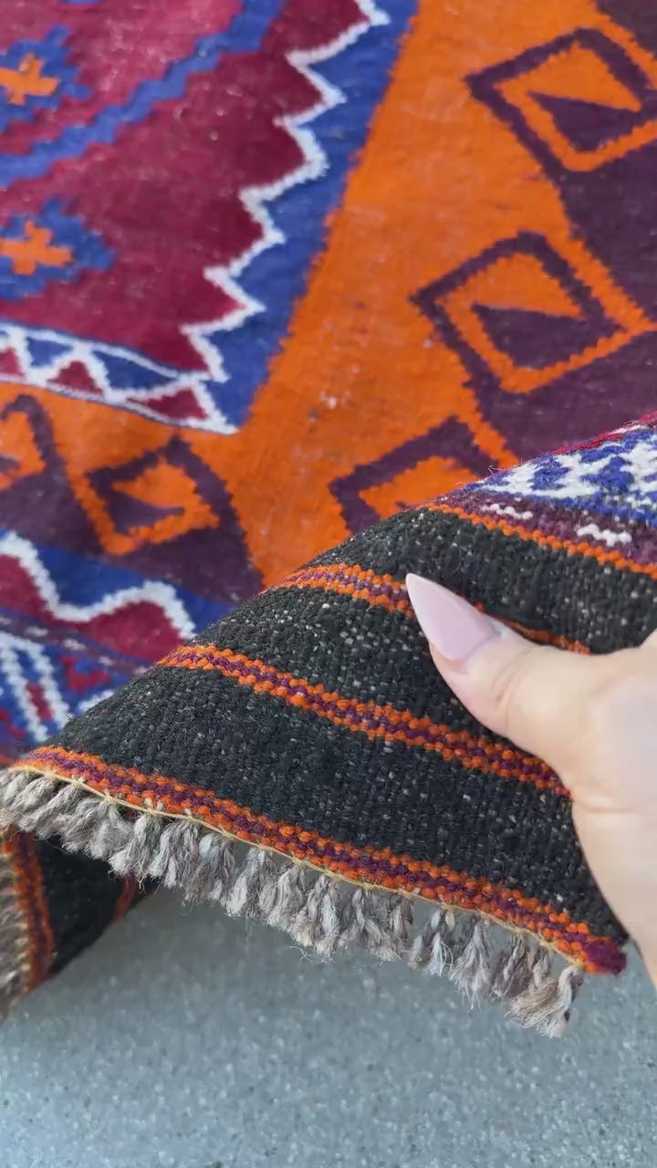 4x5 (121x152) Handmade Afghan Kilim Rug | Crimson Blood Red Black Blue White Ivory Orange Burgundy Plum Burgundy Emerald Green | Wool