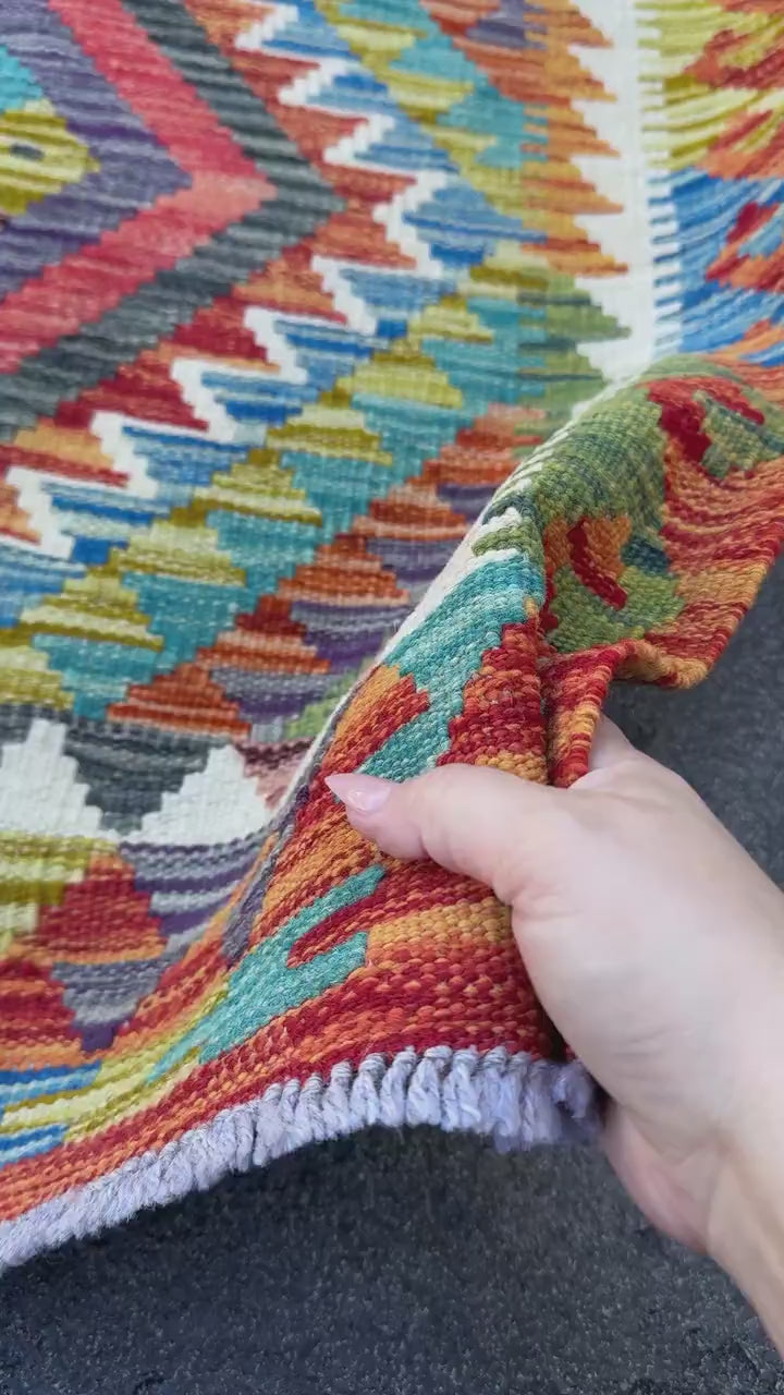 3x5 (91x152) Handmade Afghan Kilim Rug | Rust Red Burnt Orange Cream White Mustard Yellow Olive Green Teal Aqua Blue Navy Purple Grey | Wool