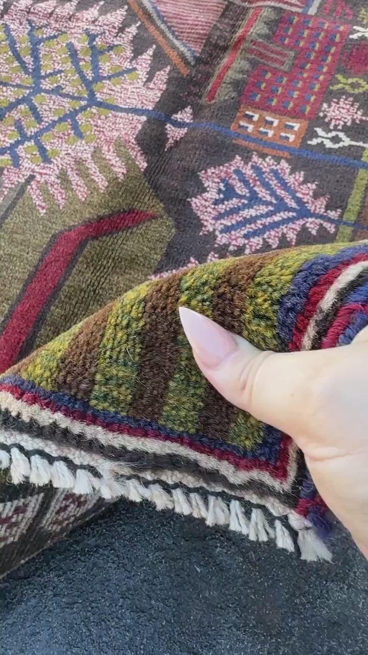 3x4 (91x121) Handmade Vintage Afghan Baluch Rug | Moss Olive Green Blood Brick Red White Cream Rust Orange Navy Blue Black Brown | Wool