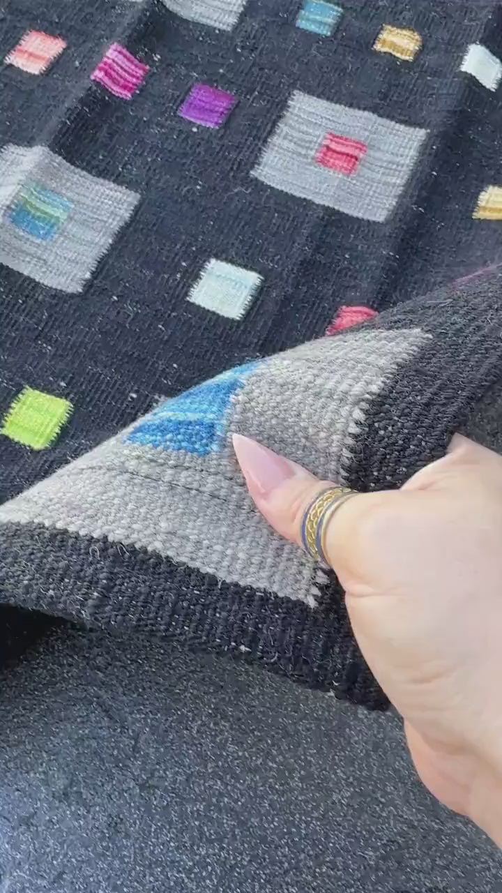 4x5 (121x152) Handmade Afghan Kilim Rug | Black Grey Lime Green Peach Orange Saffron Yellow Cream Denim Teal Blue Fuchsia Pink Purple | Wool