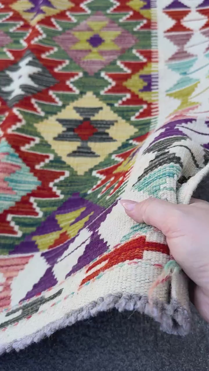 3x5 (91x152) Handmade Afghan Kilim Rug | Cream White Olive Forest Green Beige Charcoal Grey Aqua Teal Maroon Eggplant Purple Red | Flatwoven